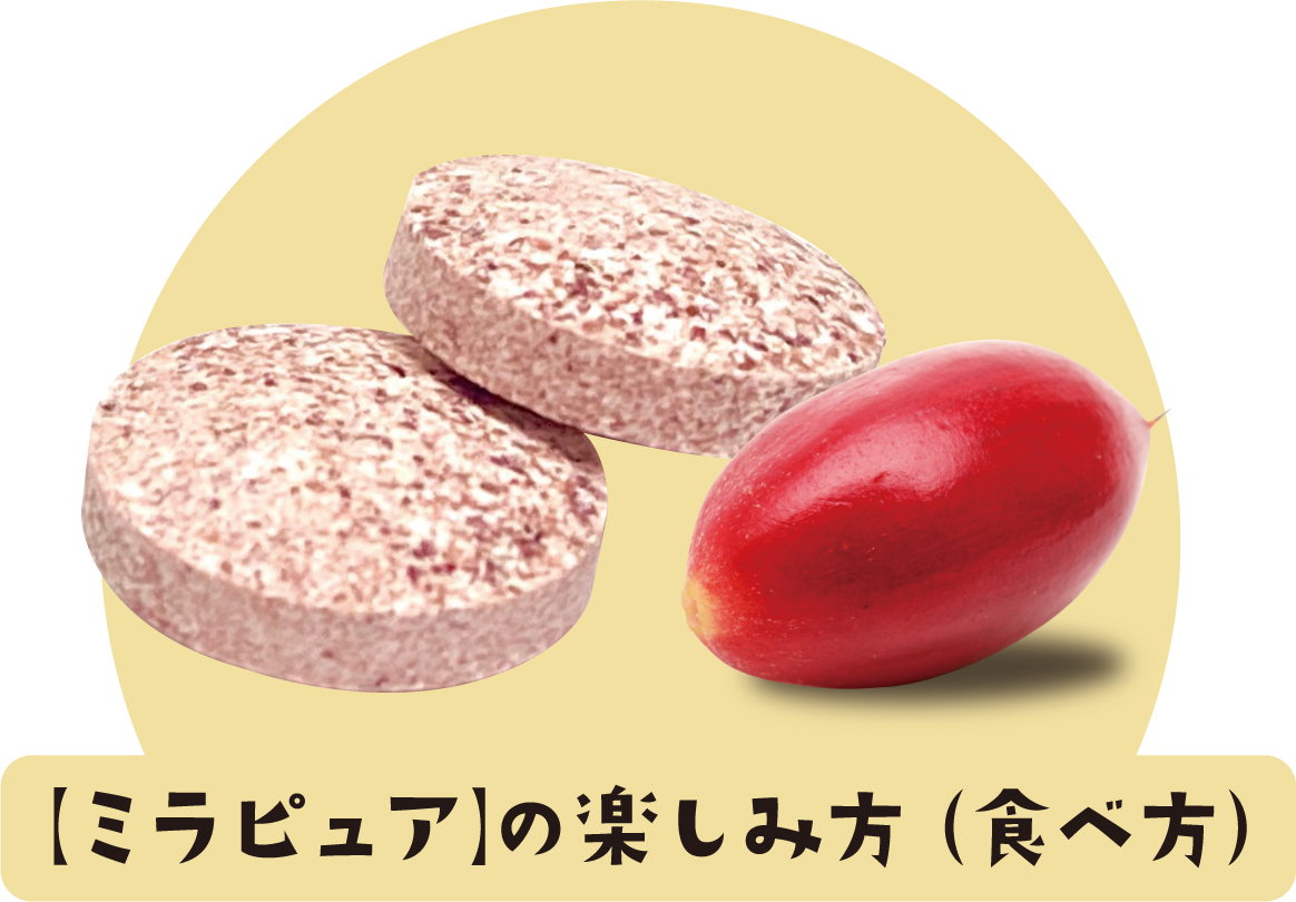 ミラピュアの楽しみ方。食べる前にレモンなどの酸っぱい物を味見し、ミラピュアを約2分間舐めて、もう一度酸っぱい物を食べる。